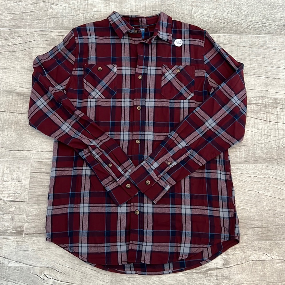 Arizona Jeans Boys Plaid Flannel Button Down Shirt‎ Sz XL 18/20 Autumn Burgundy